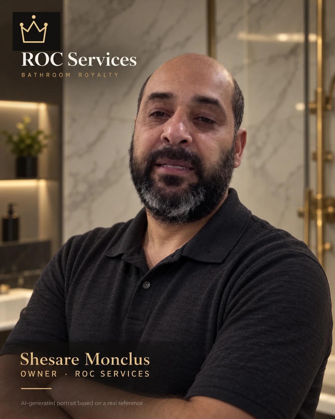 AI-generated illustration: Shesare Monclus, owner of ROC Services, standing in a finished marble-and-brass bathroom